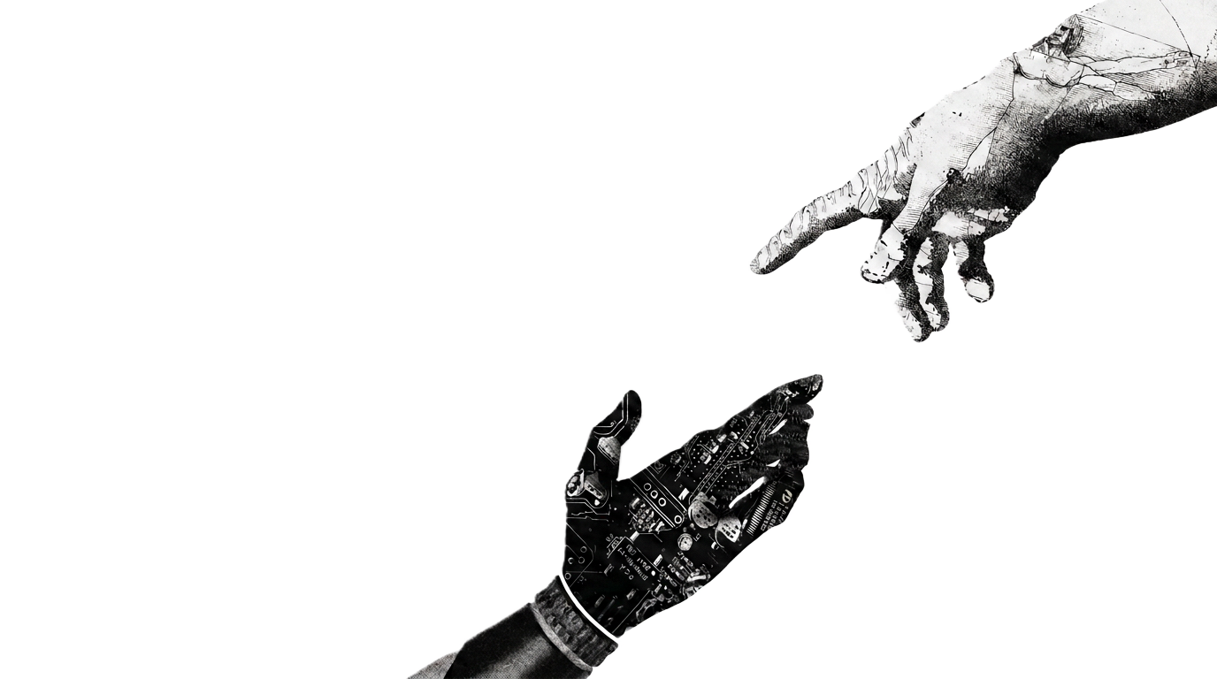 Retro collage of a circuit-board hand reaching up toward an engraved human hand